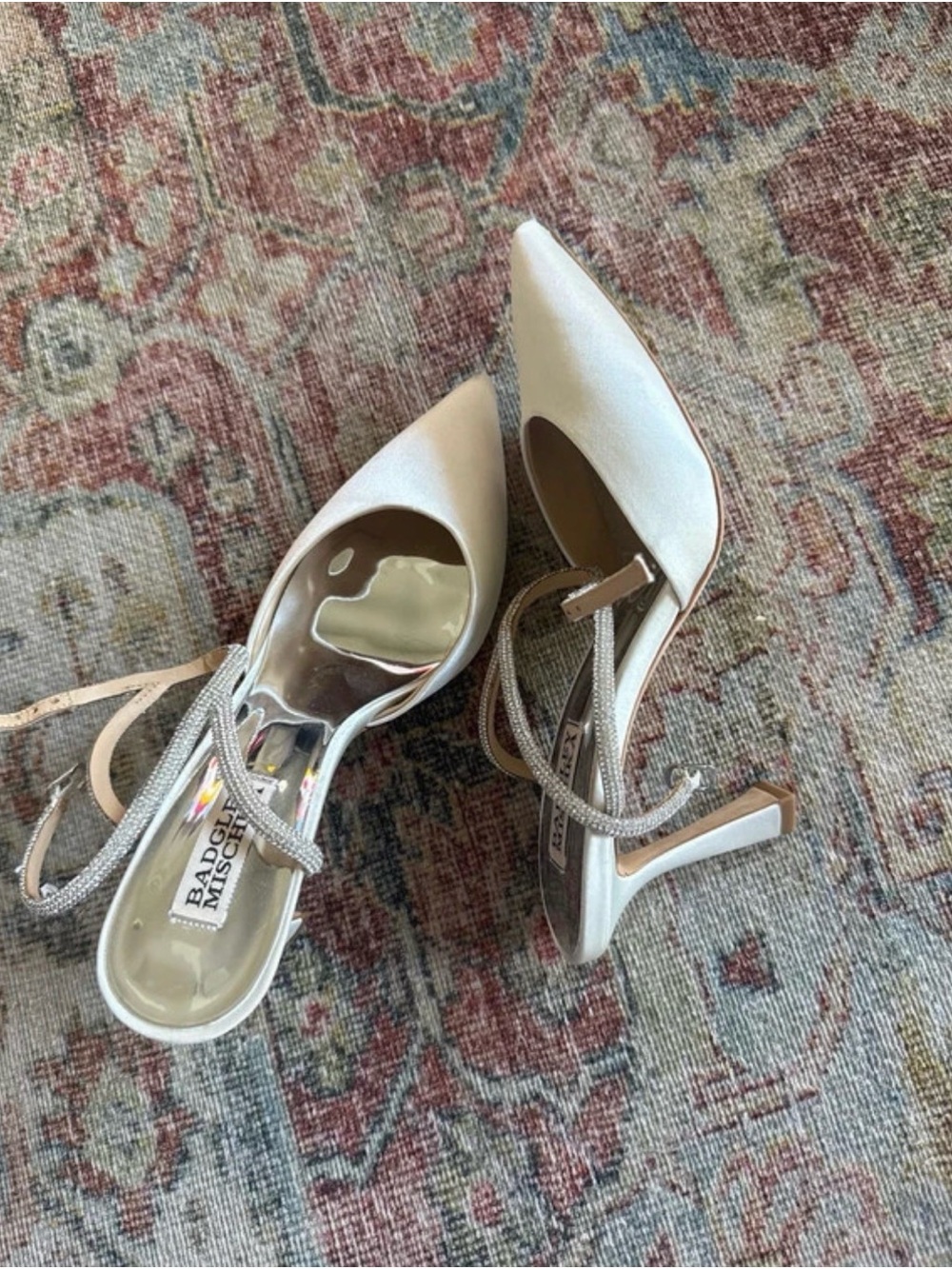 Badgley Mischka Ivory Satin Pointed Slingback Heels with Crystal Straps